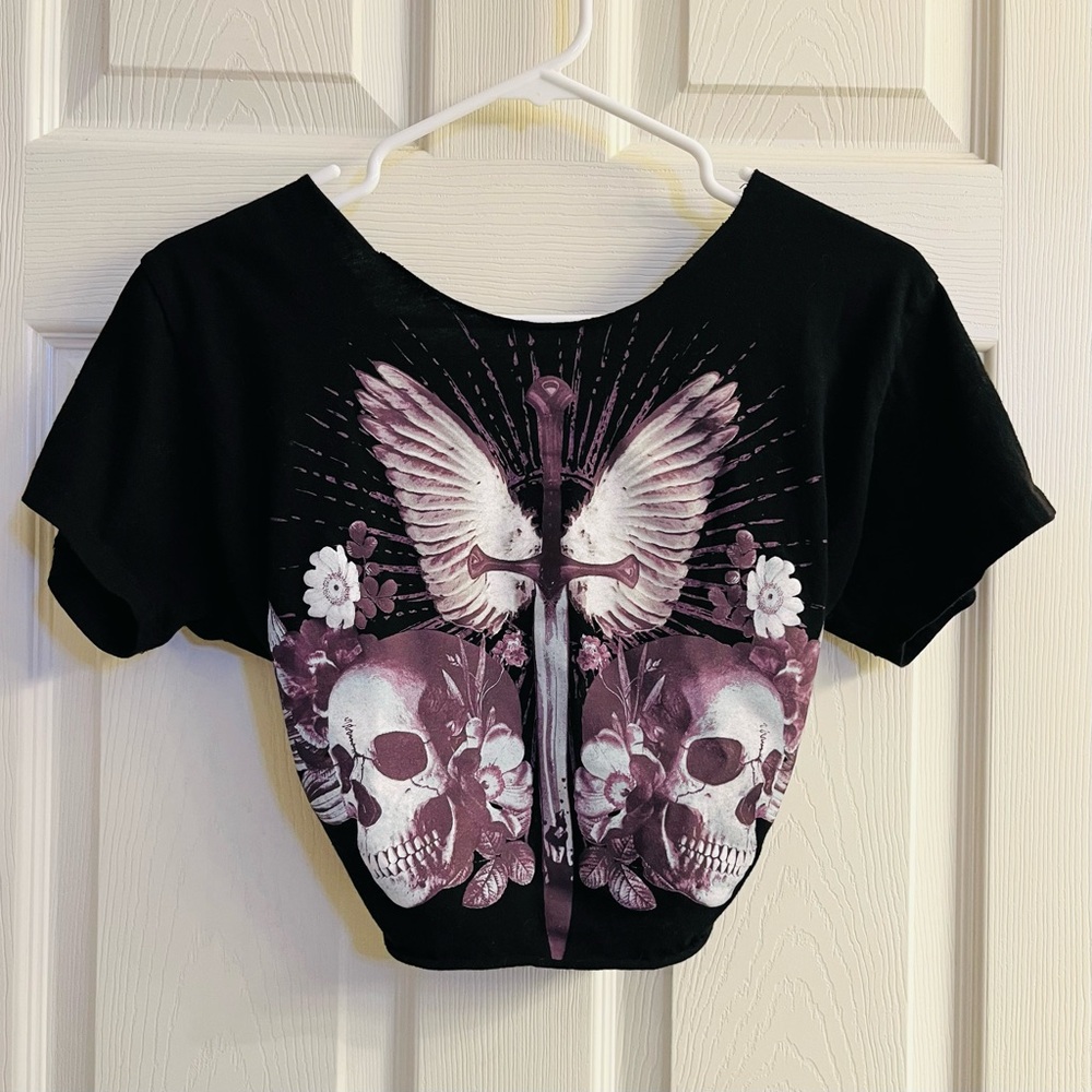 Customized Hot Topic Black and Purple Skull Crop Top